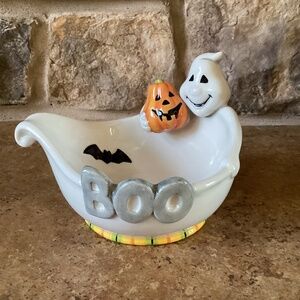 Halloween Boo Ghost Candy Dish Bowl Fitz And Floyd Bat Pumpkin Ceramic